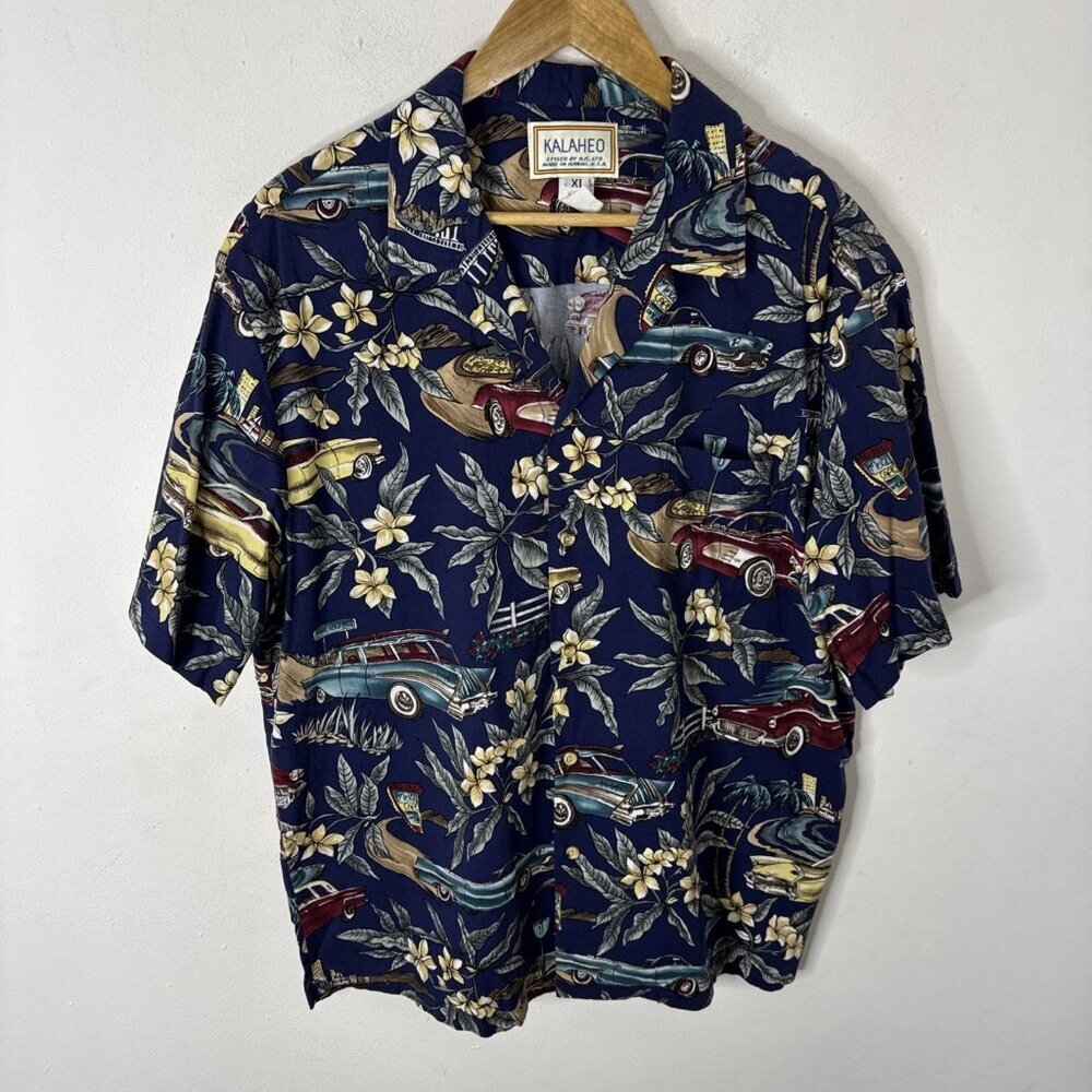 Vintage Kalaheo RJC Hawaiian Men XL‎ Button Shirt Cars Floral